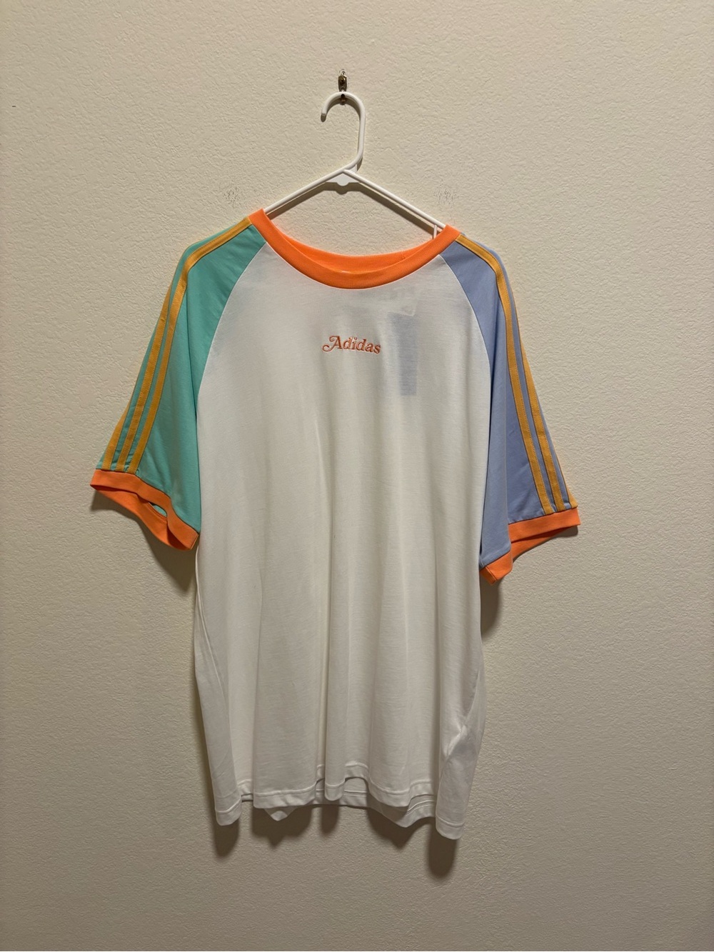 NWT Adidas Originals Spellout Multicolor Spellout Raglan 3 Stripe Sleeve Tee